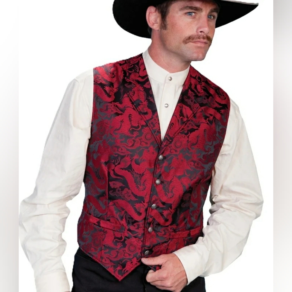 Wah Maker Frontier Vest- Red and Black Brocade Dragon Print
